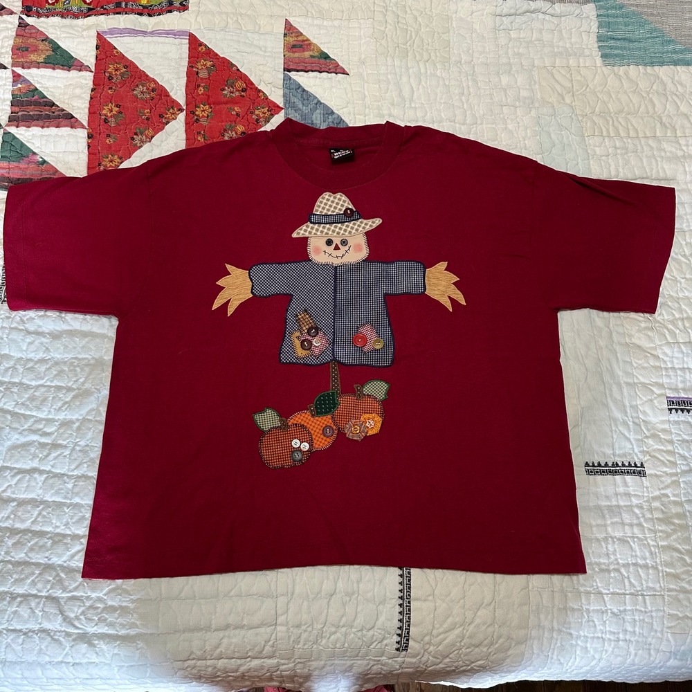 Fruit of the Loom T-Shirt Vintage Red Scarecrow Pumpkin XL Single Stitch